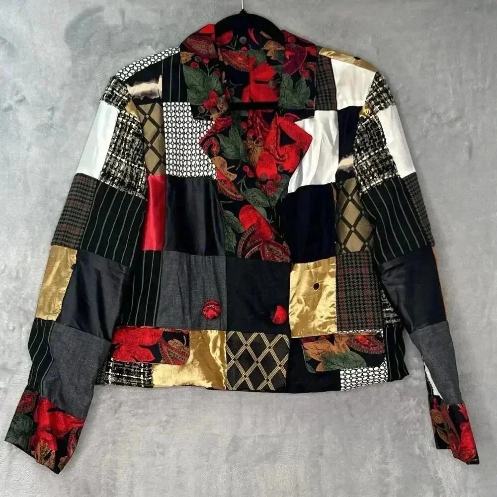 Vintage‎ Patchwork Tapestry Reversible Artsy Boxy Cropped Blazer Jacket Sz L